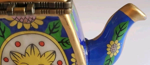 Minature Porcelain Sunflowers Blue, Yellow & Green Teapot "Friendship Trinket"