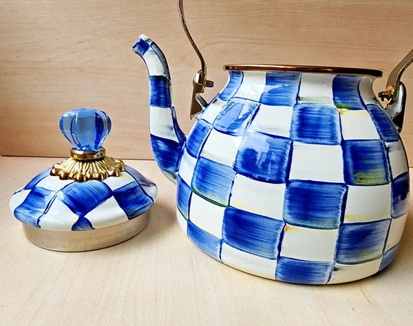 π Mackenzie Childs Blue Royal Check Enamel Tea Kettle Teapot - New