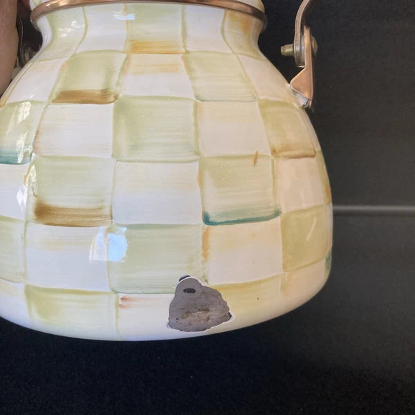 MACKENZIE-CHILDS 2 QT Teapot Kettle PARCHMENT CHECK Retired Color Enamel Loss