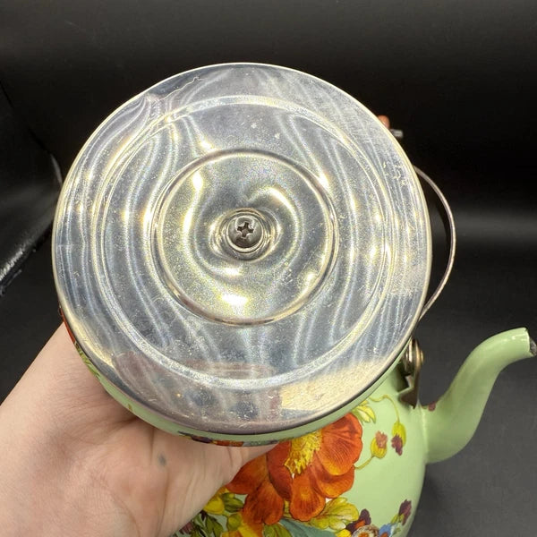 MacKenzie-Childs Green Flower Market Enamel 2qt Tea Pot Kettle Wood Handle EUC