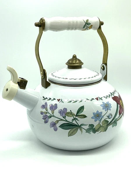 VTG MIKASA ENAMELED METAL TEA POT KETTLE FLOWERS BRASS KW001 SUMMER SYMPHONY