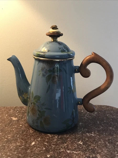 Mackenzie Childs 1983 Victoria Richard Blue Floral Enamel Coffee Tea Pot 8”