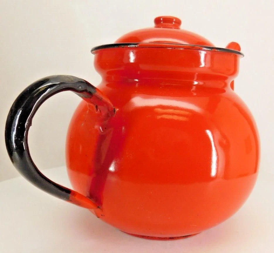 Huta Silesia Polish Enamelware Tea Kettle Red Enamel 14 Poland Vintage 1970's