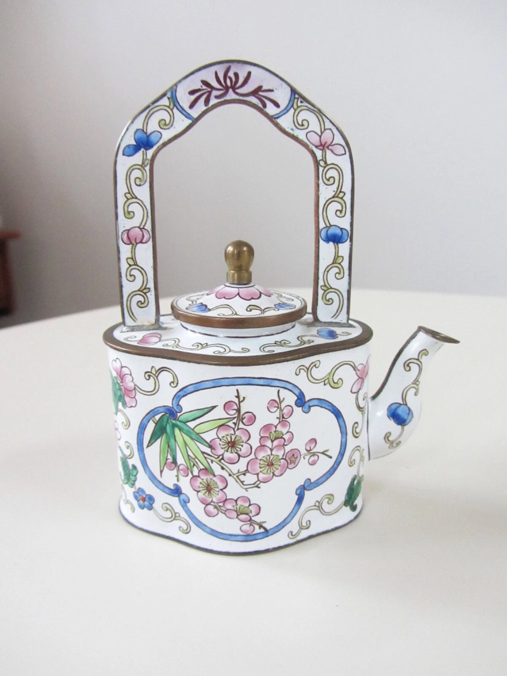 Kelvin Chen Enamel Miniature Teapot No. 868 Floral Roses Tall Handle