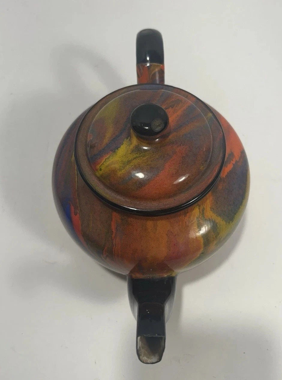 Vintage End Of Day Graniteware Enamelware Swirl Colored Teapot, Colorful Teapot