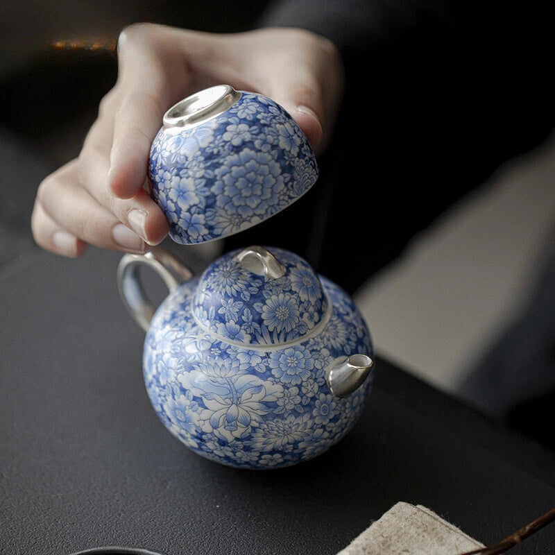 150ml Chiense Blue and White Teapot Enamel Colored Gilded Silver Pot Tea Maker