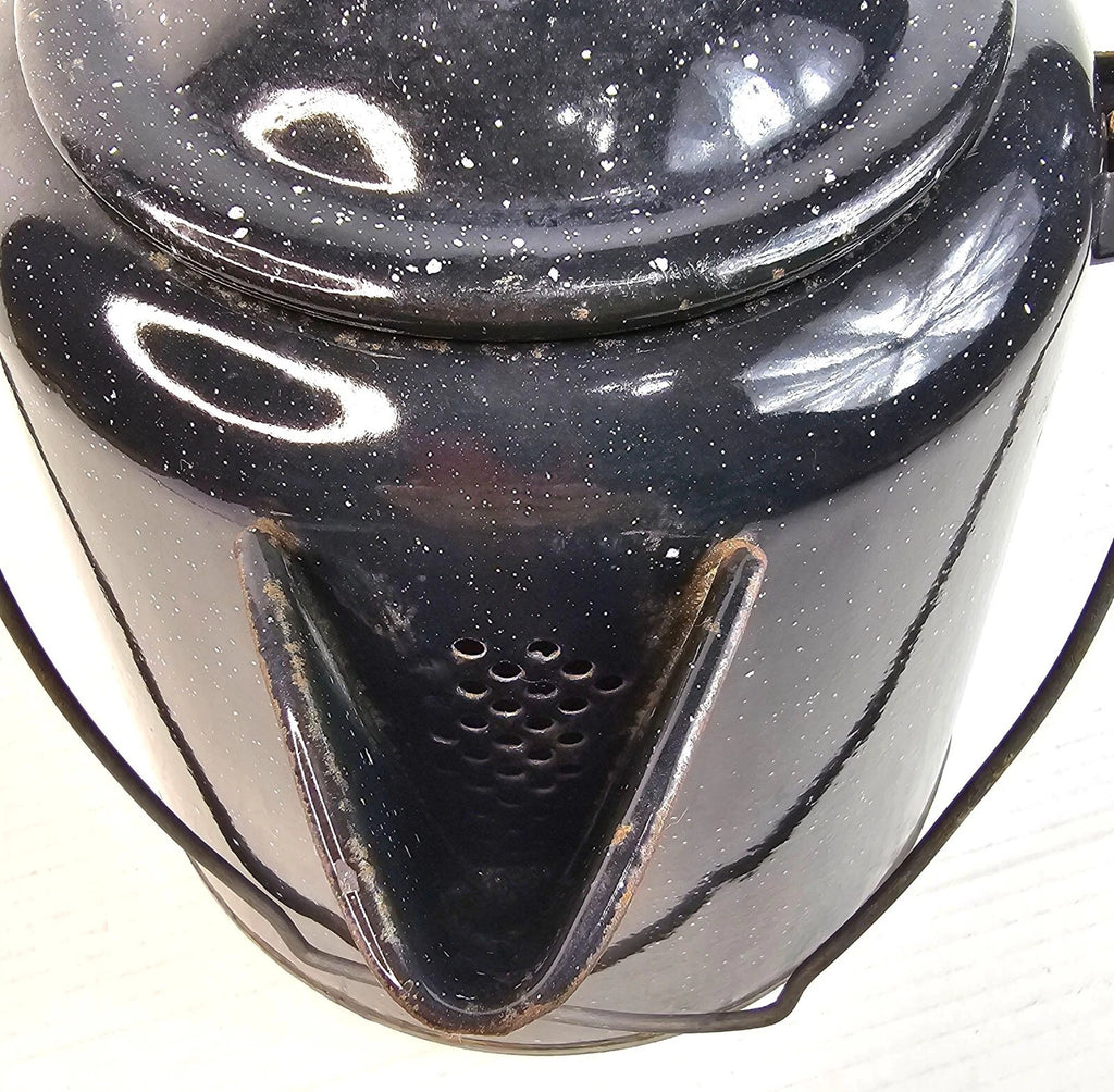 Vintage Black Enamelware Coffee Pot With Speckled Design Lid Camping Tea Kettle