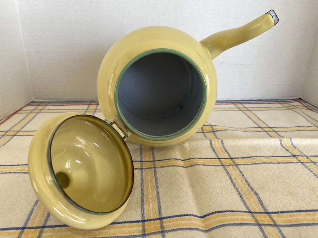 Vintage Yellow Enamelware Tea Pot With Hinged Lid