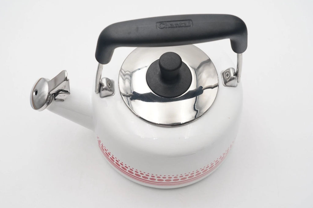 Chantal Enamel on Steel Sven Whistling Tea Kettle White Red Dot Pattern