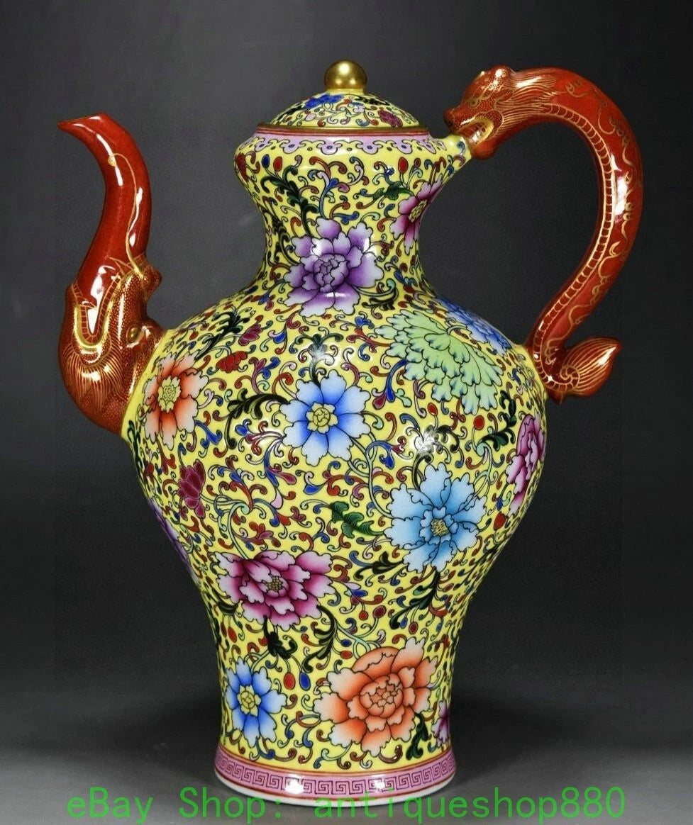 10.6" Yongzheng Enamel Colour Porcelain Gold Dragon Head Wine Tea Pot Flagon