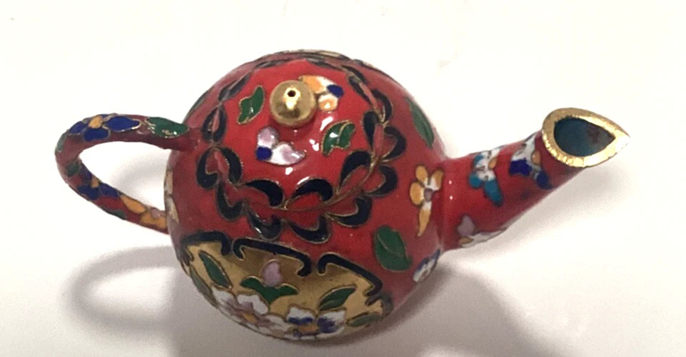 Vintage Miniature Enamel Cloisonné Red Teapot Floral 4" Tall