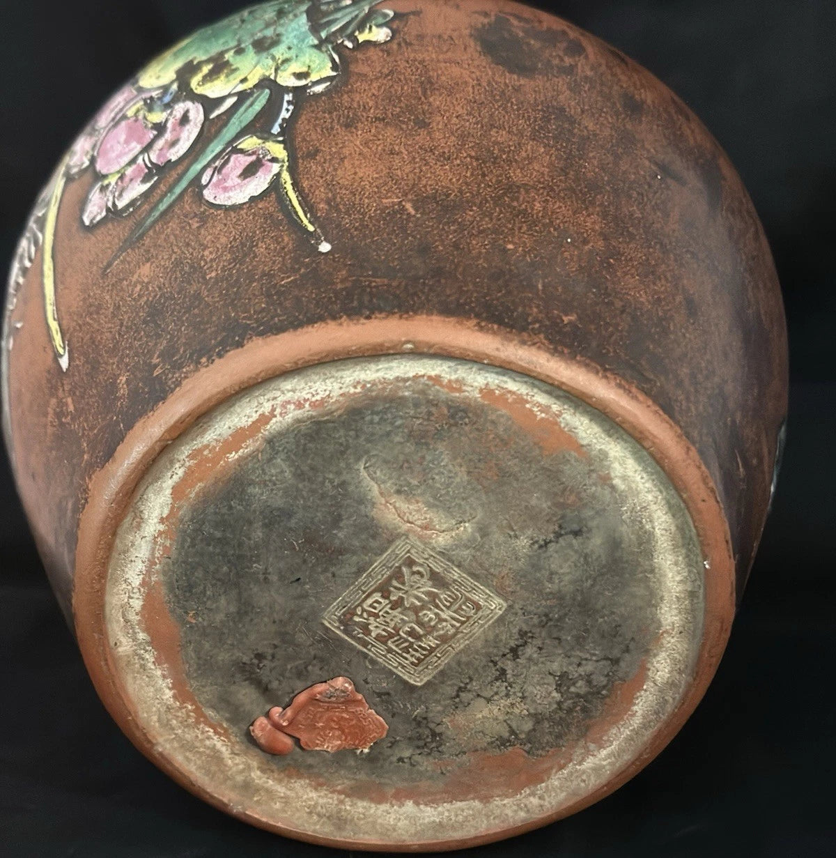 ANTIQUE CHINESE YIXING ZISHA CLAY TEAPOT WITH ENAMELED FLORAL & BIRD DECORATIONS