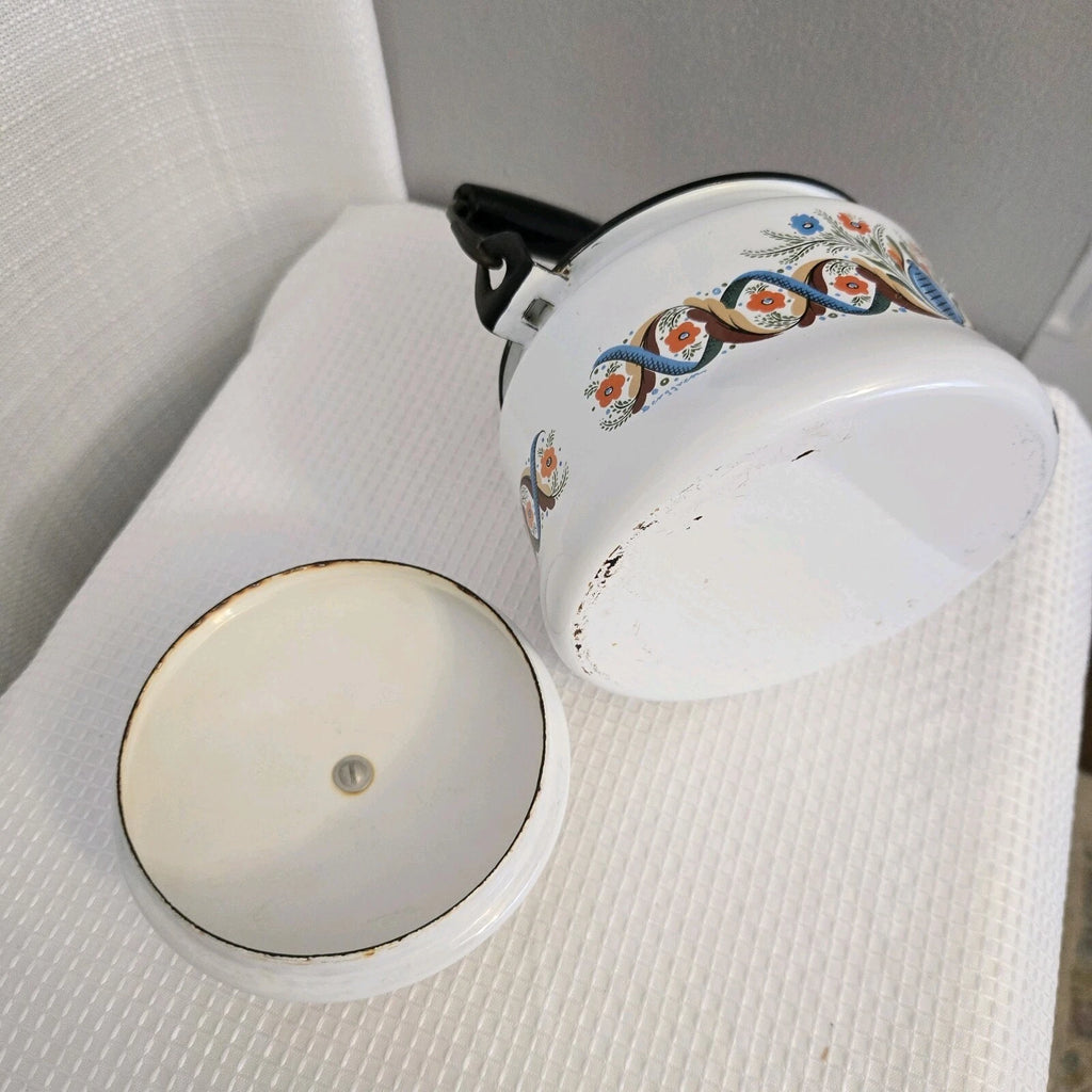 Vtg Enamelware Teapot Tea Kettle Pennsylvania Dutch Look Folk Art READ