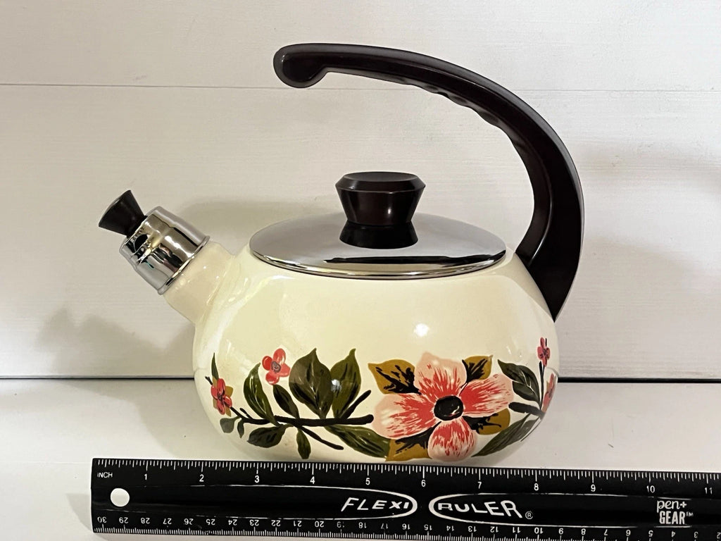 Vintage Bumper Harvest Enamelware Teapot Whistling Kettle Tea Pot