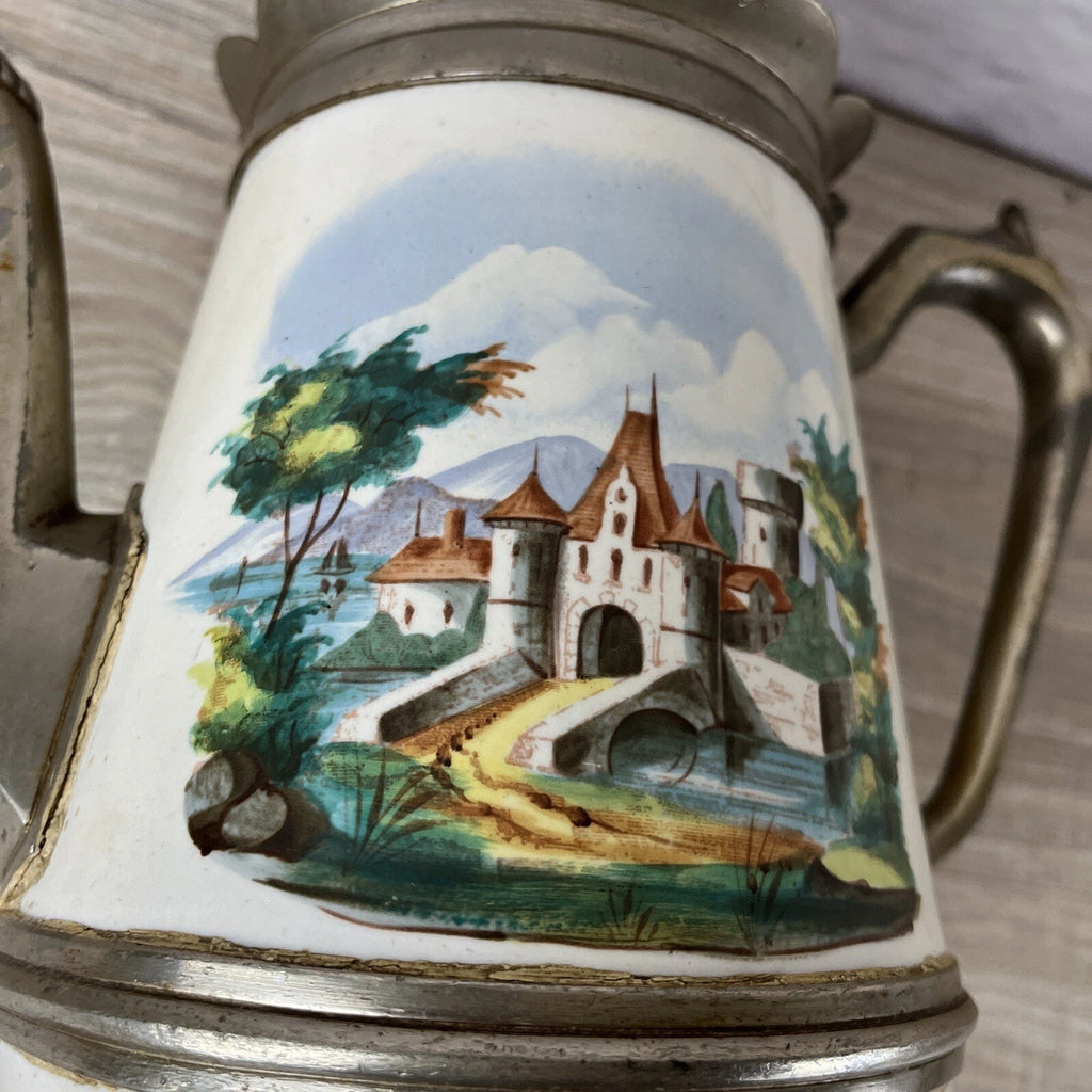 Victorian Pewter Enamelware Teapot & Tea Caddy Sugar Bowl Manning Bowman? Castle