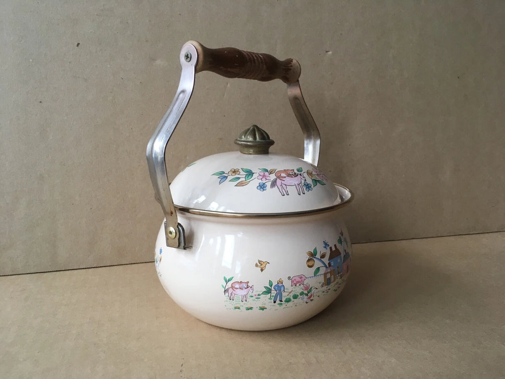 Vintage Enamelware Teapot w/Dutch Farm Scene & Wooden Handle, 9" Ht, 7 1/8" Diam