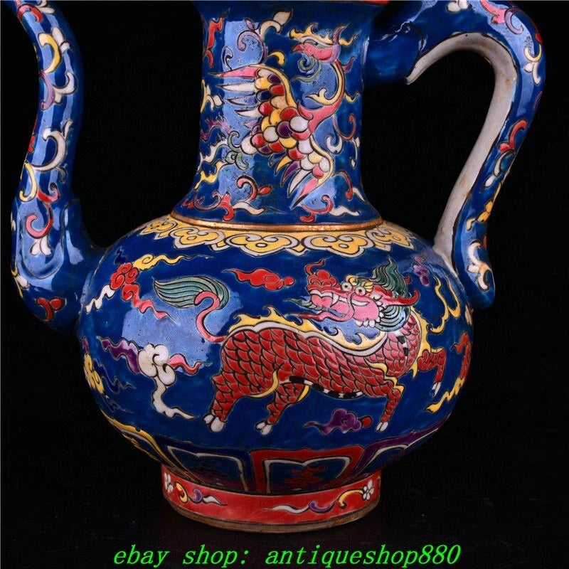 12.6''Ming Xuande Marked Enamel Colour Porcelain Dragon Wine Tea Pot Flagon