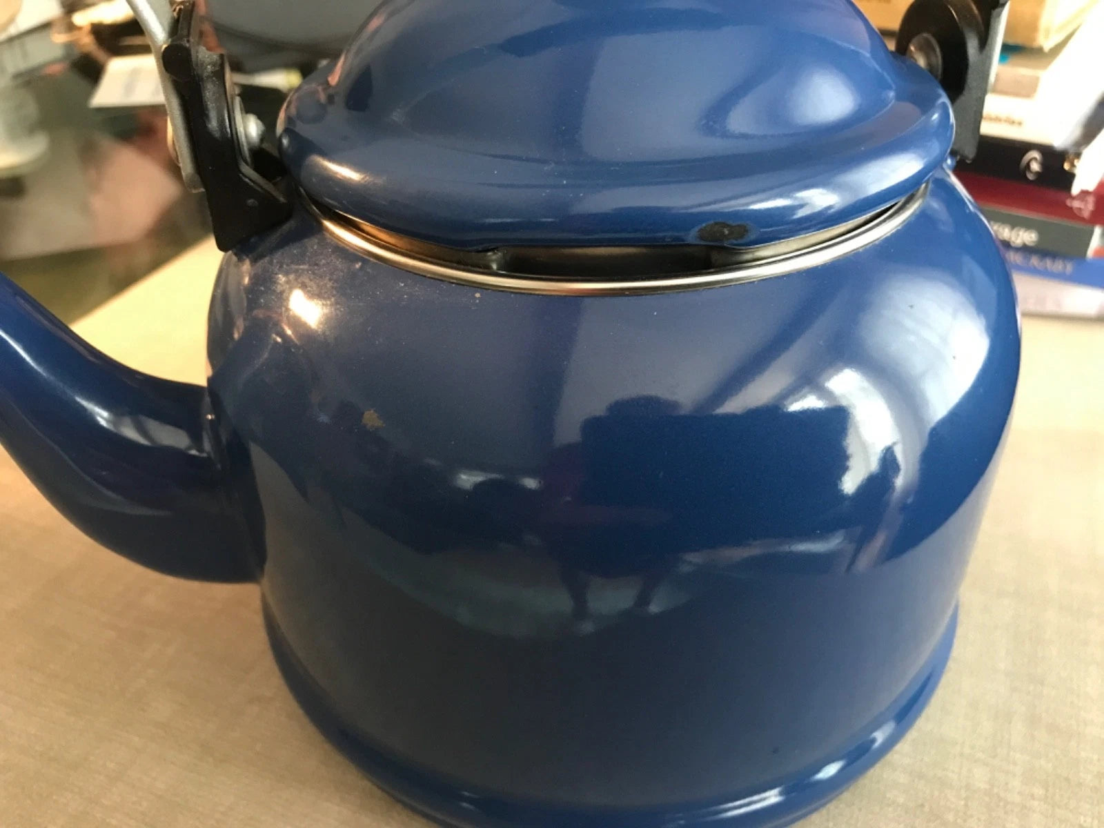 Vintage Le Creuset 1.25 Quart Blue Enamel Metal Tea Kettle Teapot w/Flip Handle