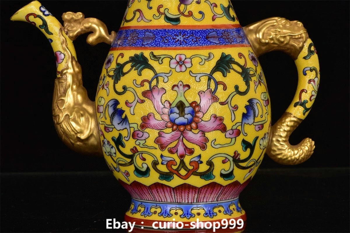 8" Qianlong Enamel Colour Porcelain Gilt Flower Beast Head Wine Tea Pot Flagon