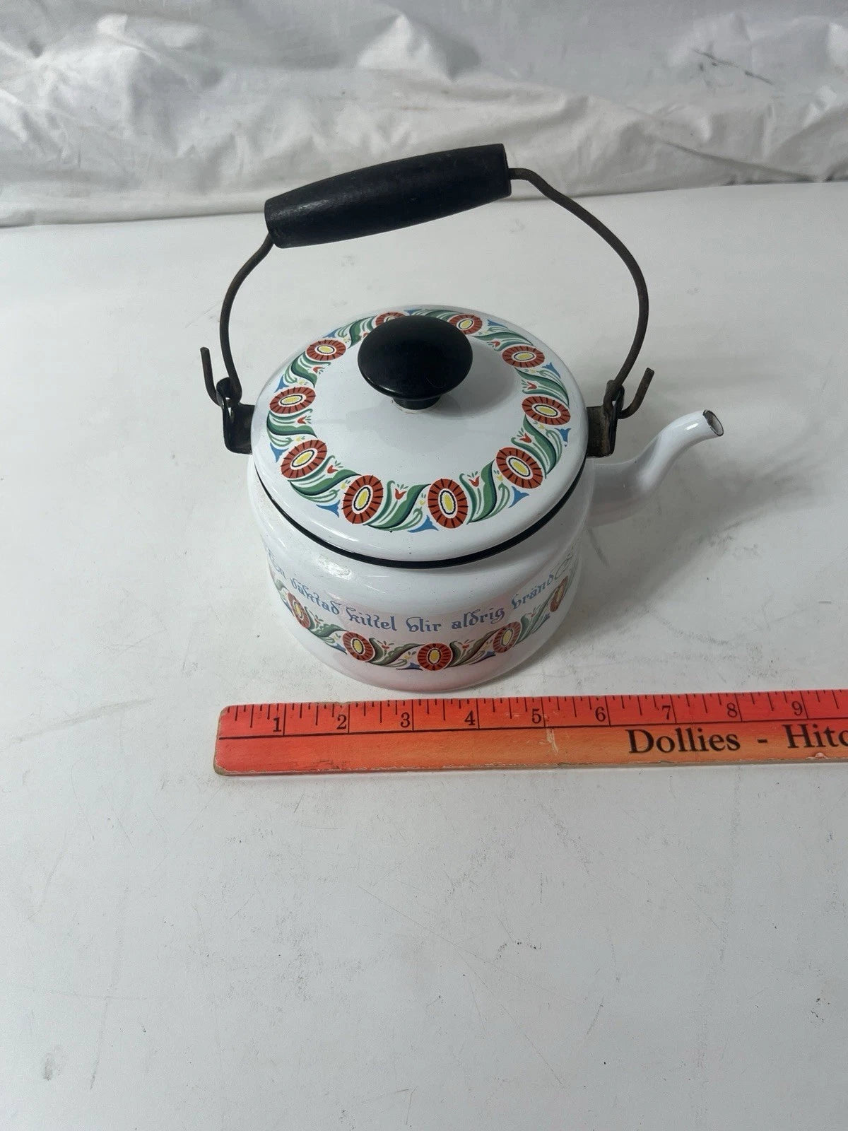 Swedish Folk ArtVINTAGE ENAMEL TEAPOT KETTLE ENAMELWARE script