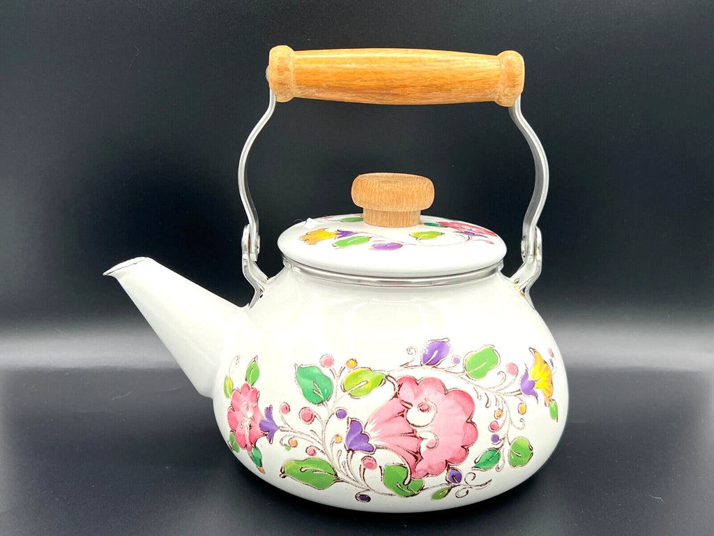 GAILSTYN SUTTON Vintage Enamel Ware Metal Teapot 1983 Floral Foliage II EUC