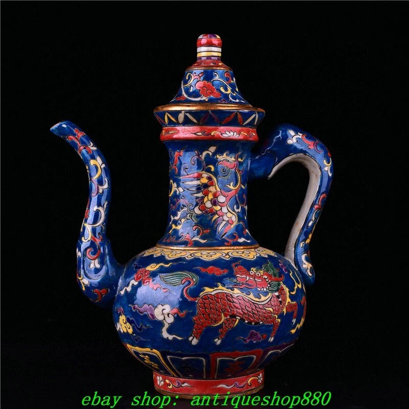 12.6''Ming Xuande Marked Enamel Colour Porcelain Dragon Wine Tea Pot Flagon