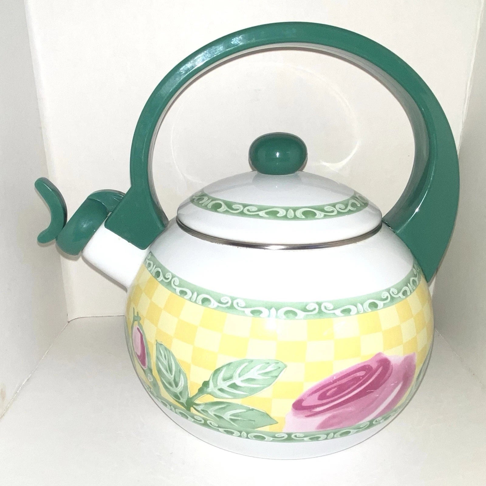 Vintage VILLEROY & BOCH - Metal & Enamel Whistler Tea Kettle "A Rose" ~ Roses