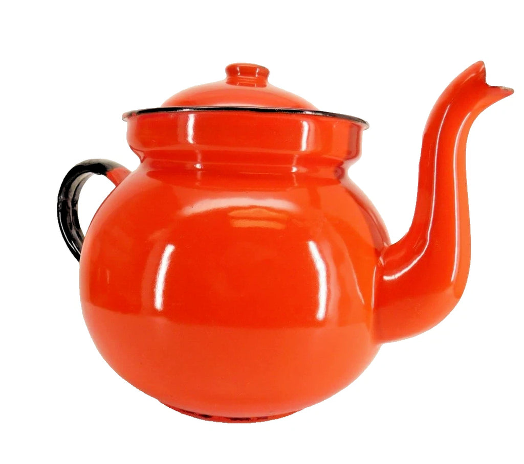 Huta Silesia Polish Enamelware Tea Kettle Red Enamel 14 Poland Vintage 1970's