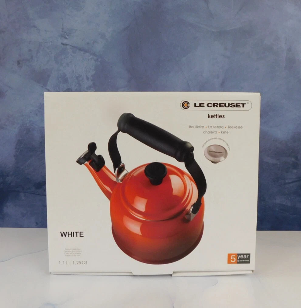 Le Creuset Enamel on Steel 1.25 Quart Demi Tea Kettle, White- New