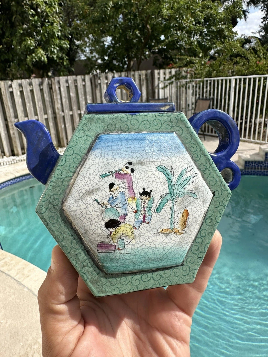 Chinese Enameled Yixing Pottery Teapot With Figures And Seal Mark