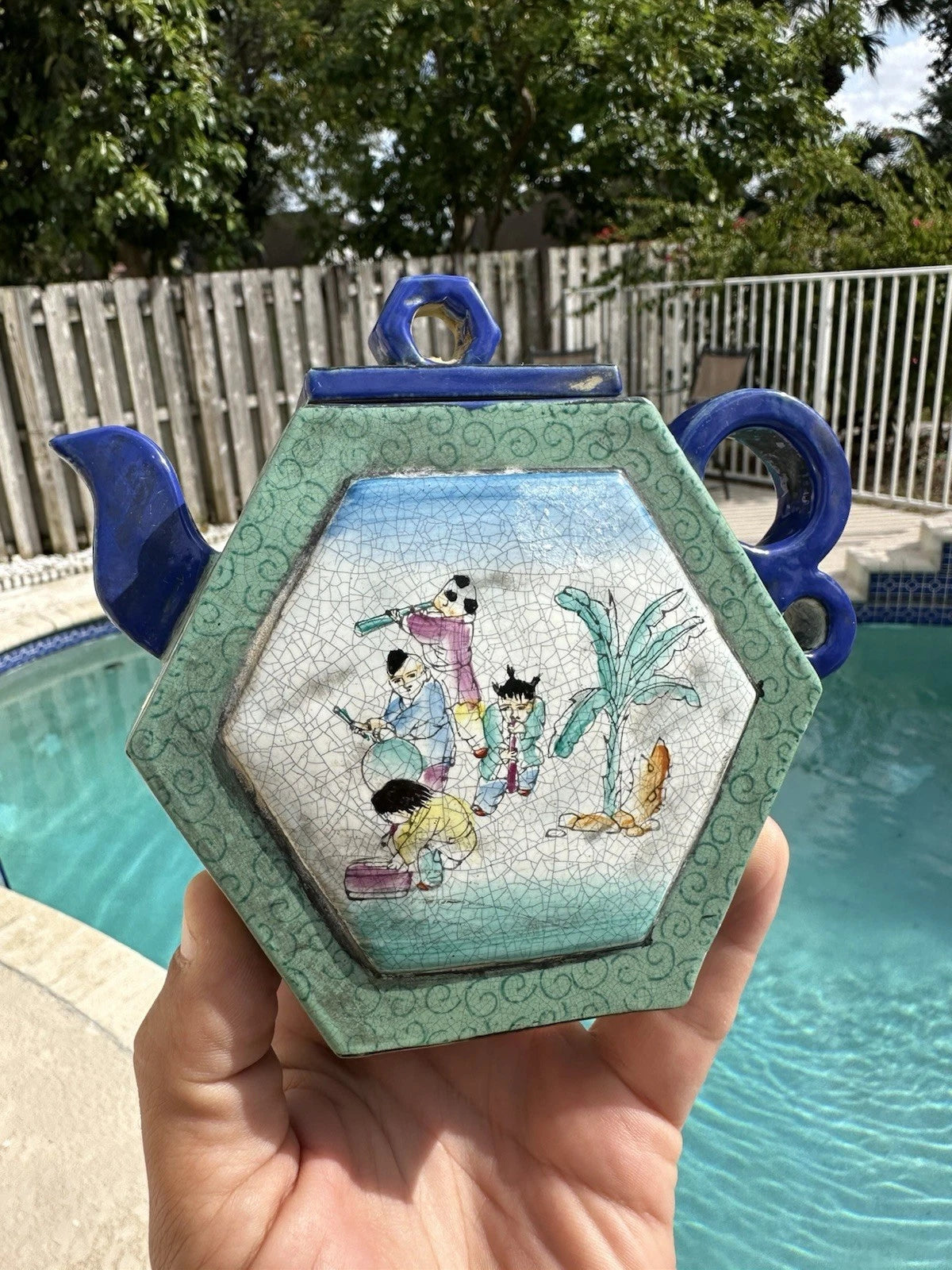 Chinese Enameled Yixing Pottery Teapot With Figures And Seal Mark