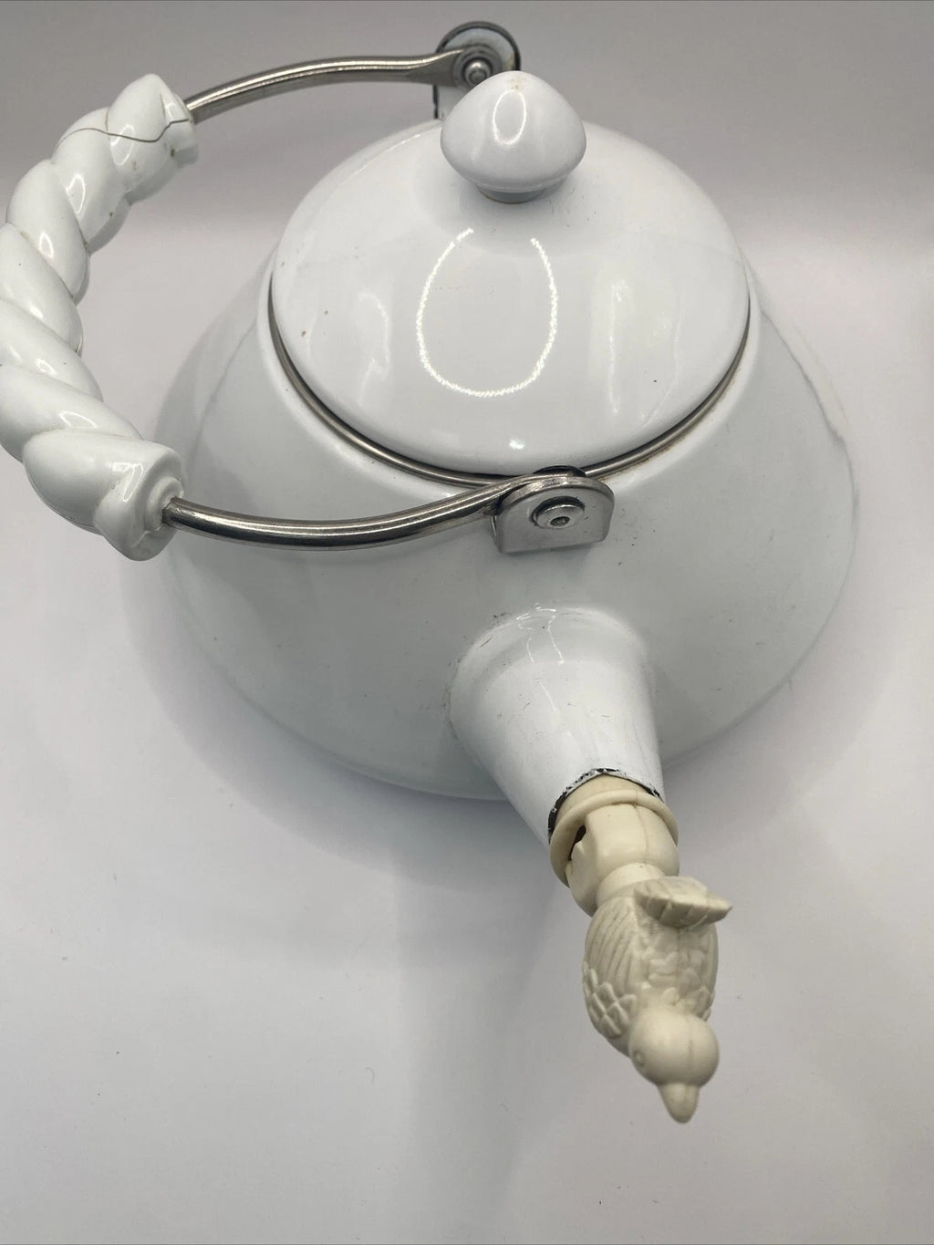 Vintage Kamenstein Tea Kettle White Enamel Tea Pot Bird Whistle 80s Retro Teapot