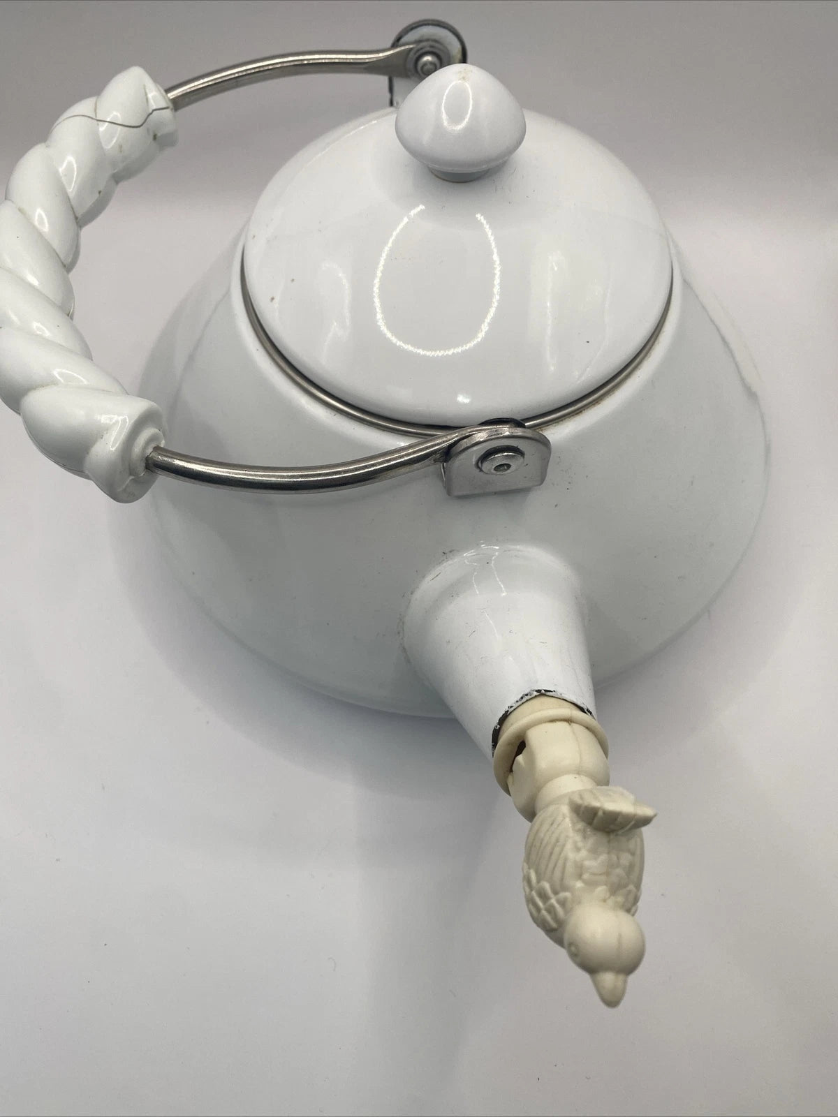 Vintage Kamenstein Tea Kettle White Enamel Tea Pot Bird Whistle 80s Retro Teapot