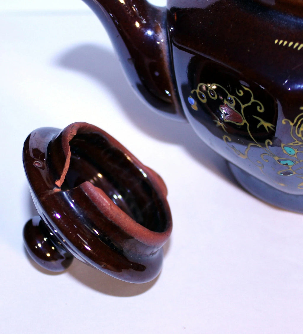 Vintage Stoneware Teapot, Brown Raised Enamel Paint Teapot, Japan