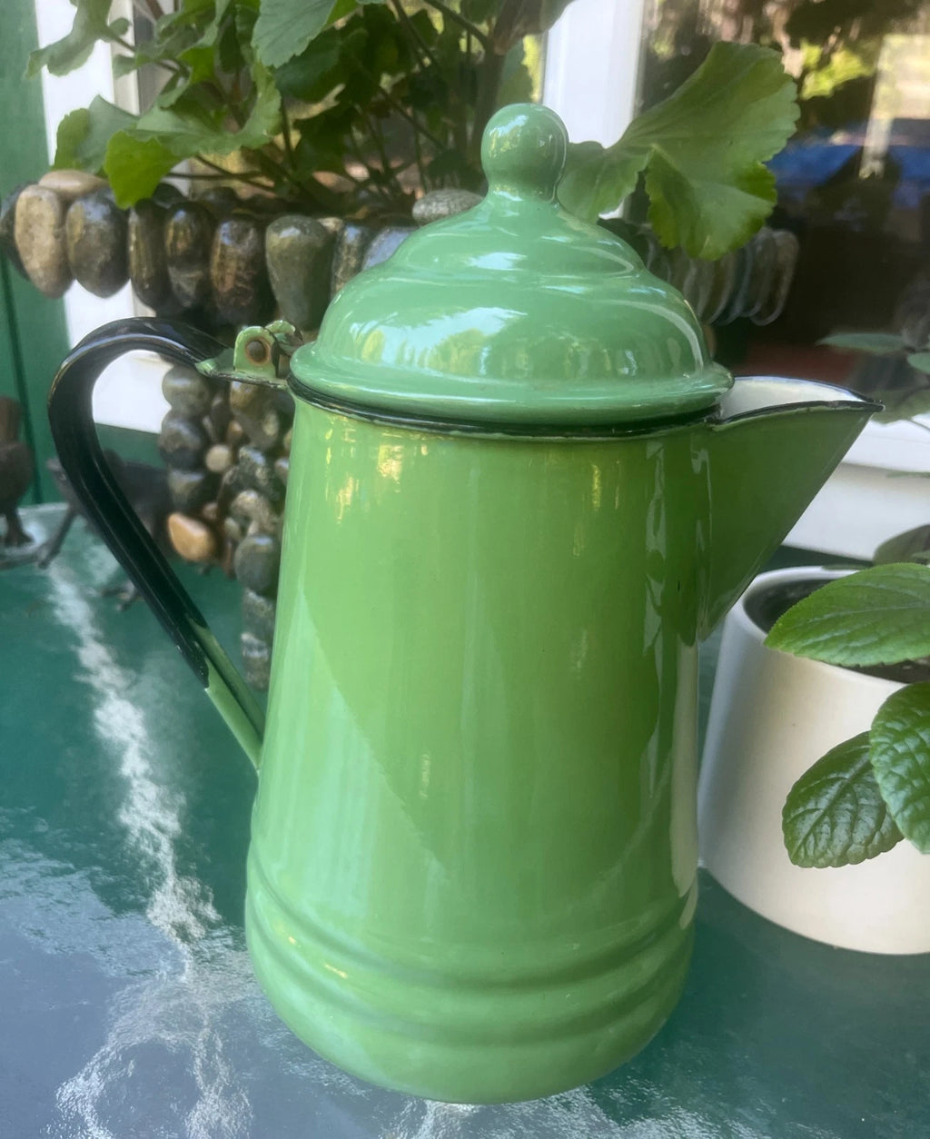 Vintage Jadeite Green Enamel Coffee Tea Pot Cowboy Camping Lid - Heavy