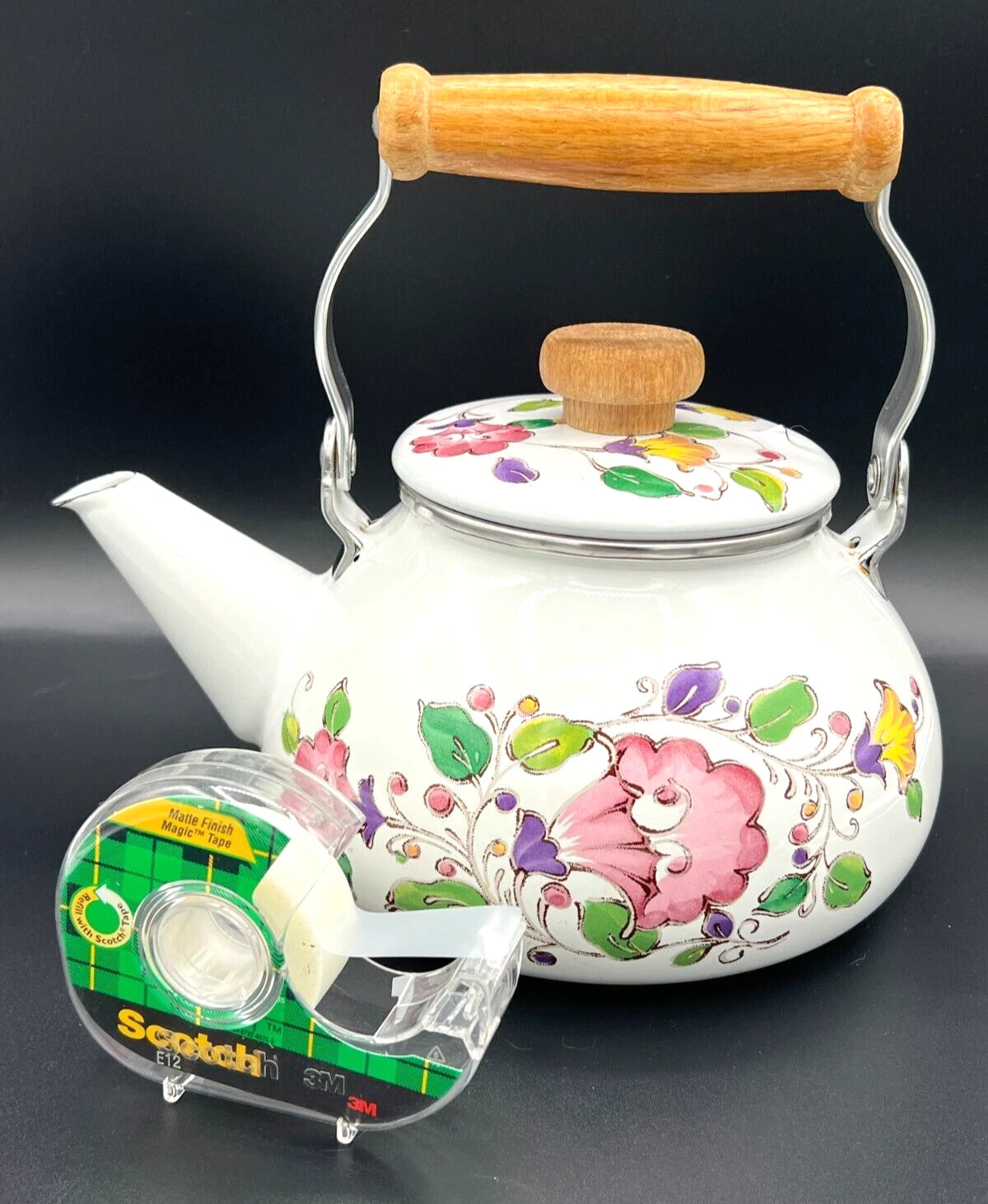 GAILSTYN SUTTON Vintage Enamel Ware Metal Teapot 1983 Floral Foliage II EUC