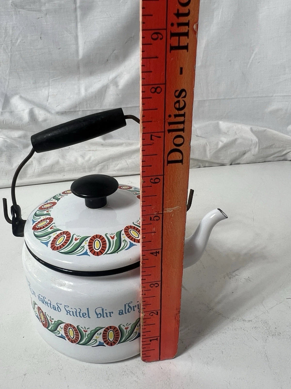 Swedish Folk ArtVINTAGE ENAMEL TEAPOT KETTLE ENAMELWARE script