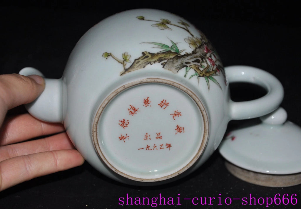 6.4"Qing Dynasty Qianlong enamel porcelain Plum blossom Tea set Teapot statue