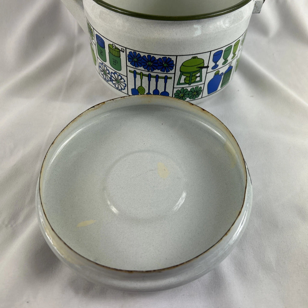 White Enamel Metal Tea Pot Kettle Wood Handle Blue Green Kitchen Retro