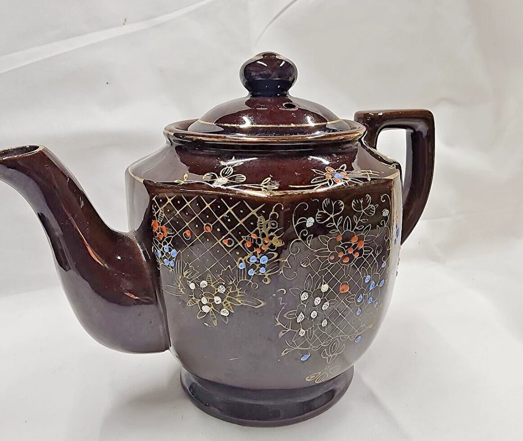 VTG Brown Betty Redware Teapot Moriage Enamel Hand Painted Made in Japan 6.5" H