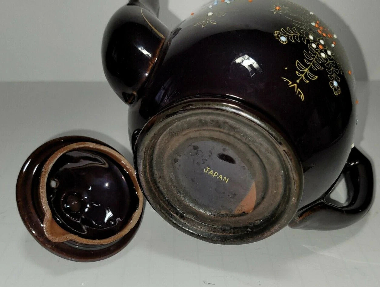 Vintage Moriage Style Teapot Redware Brown Raised Enamel Hand Painted Japan