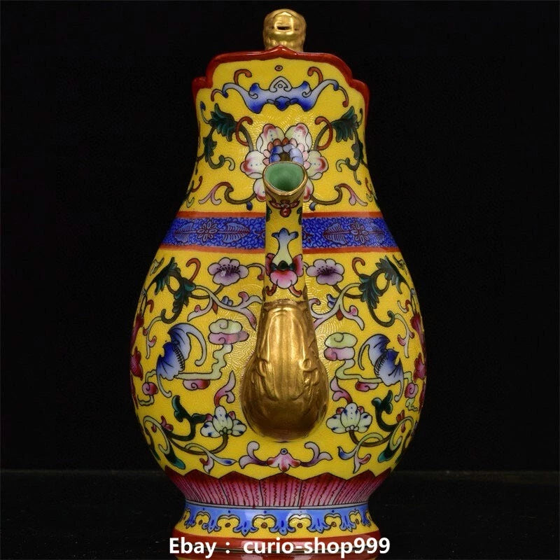 8" Qianlong Enamel Colour Porcelain Gilt Flower Beast Head Wine Tea Pot Flagon