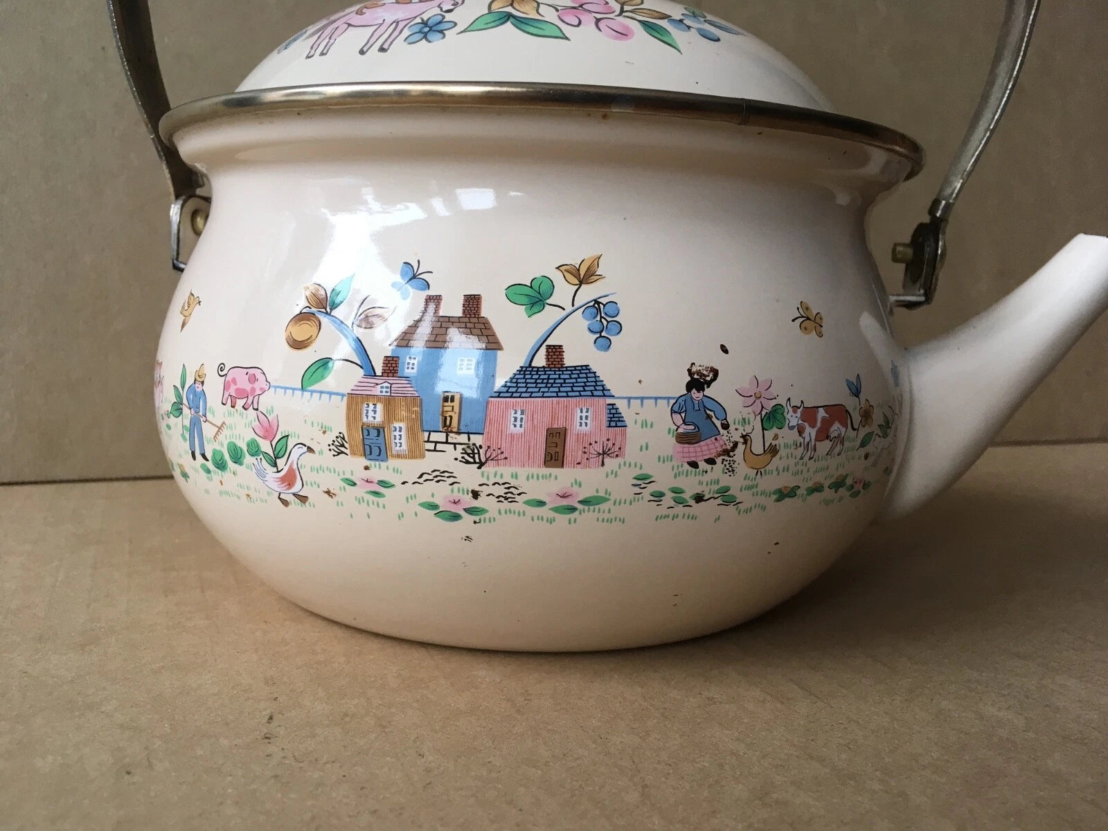 Vintage Enamelware Teapot w/Dutch Farm Scene & Wooden Handle, 9" Ht, 7 1/8" Diam