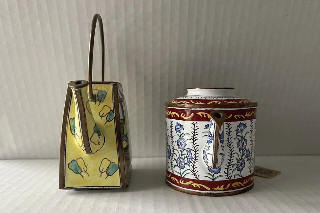 Enamel Mini Copper Hand Painted Teapot NO LIDS Miniature LOT OF 2 Vintage