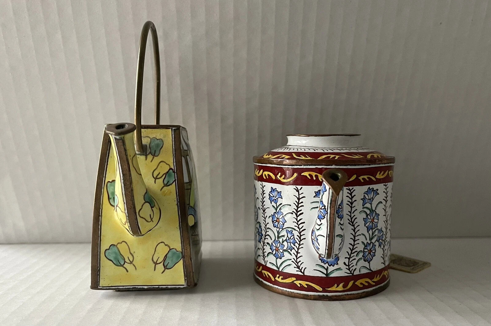 Enamel Mini Copper Hand Painted Teapot NO LIDS Miniature LOT OF 2 Vintage