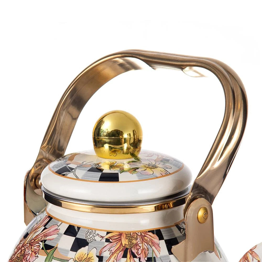 Enameled Flower Garden Tea Pot Kettle Floral Teapot with Infuser 1.2L