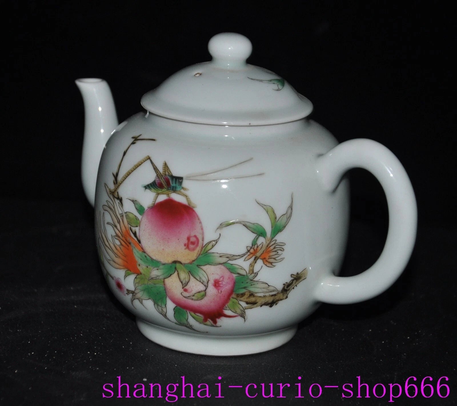6"China Qing Yongzheng enamel porcelain shoutao Peach text Tea set Teapot statue