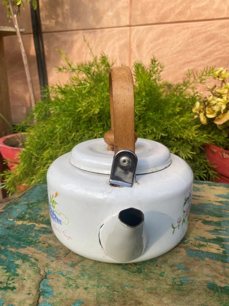 Vintage Old Enamel Porcelain Apple Grapes Print Wooden Handle Teapot Kettle