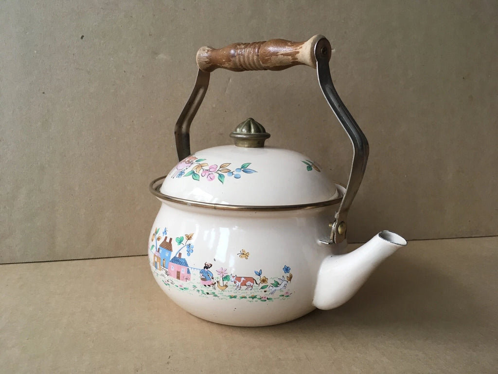 Vintage Enamelware Teapot w/Dutch Farm Scene & Wooden Handle, 9" Ht, 7 1/8" Diam