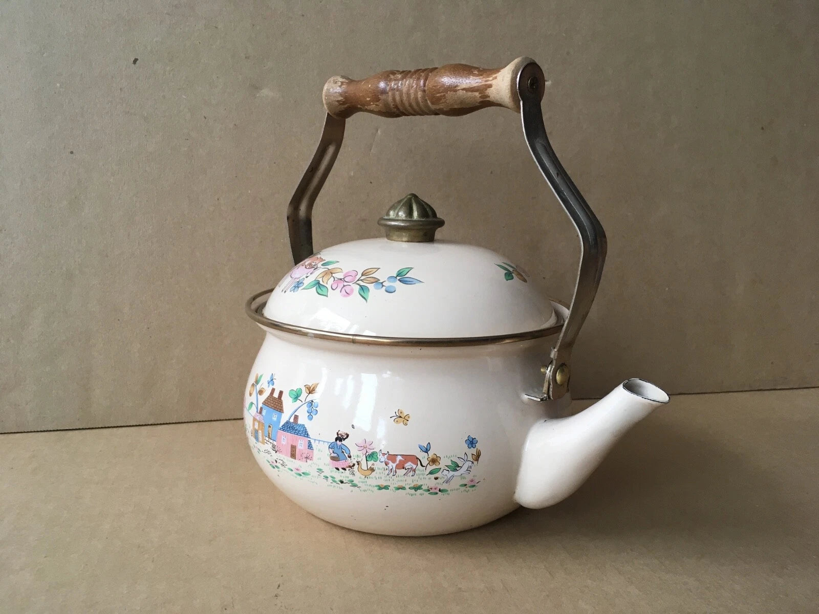 Vintage Enamelware Teapot w/Dutch Farm Scene & Wooden Handle, 9" Ht, 7 1/8" Diam
